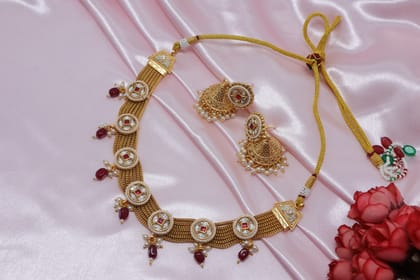 Ethnic Gold Plated Choker Necklace & Jhumka Earring Set with Red Stones & Pearls