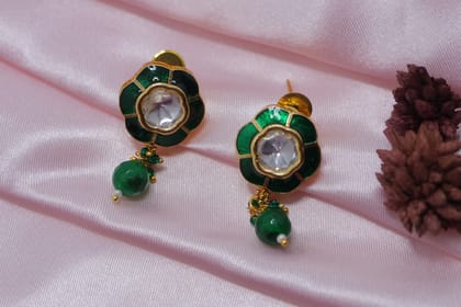 Elegant Gold Plated Green Meenakari Kundan Drop Earrings for Women