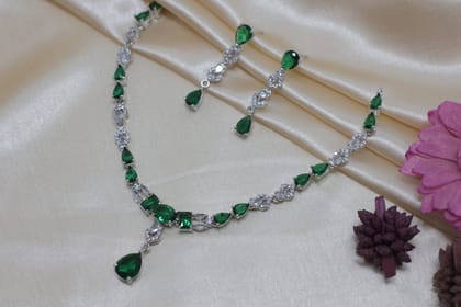 Emerald Green & White Stone Rhodium Plated Necklace for Women