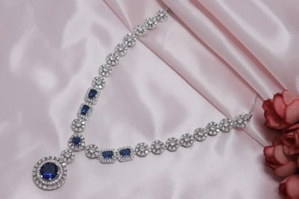 Silver-Toned Blue Stone Cubic Zirconia Necklace Earring Set