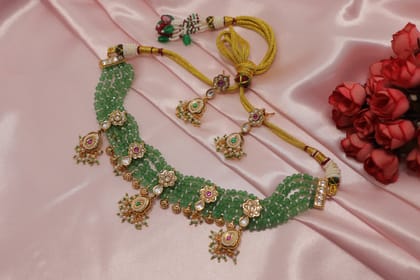 Traditional Green Beaded Gold Plated Choker Necklace for Women