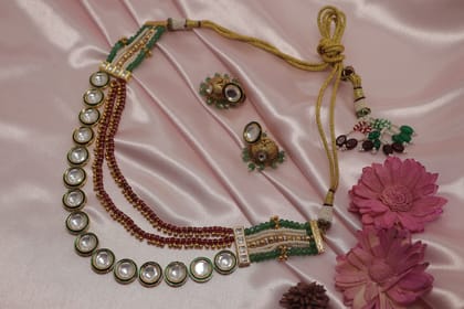Traditional Gold Plated Kundan Choker Necklace Set with Green & Maroon Beads