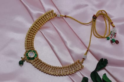 Ethnic Gold Plated Choker Necklace with Green Stone & Beads