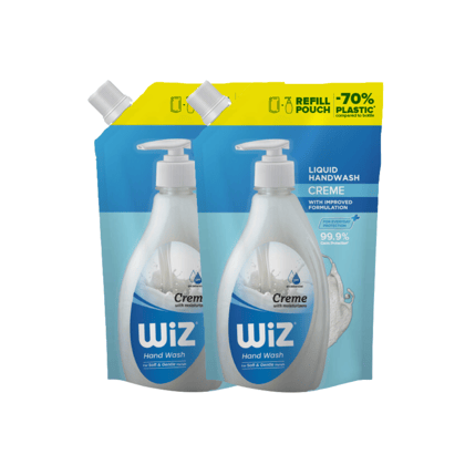 Wiz Creme Hand Wash Refill Pouch - 1L (Pack of 2) | Moisturizing Formula for Soft & Smooth Hands | Germ Protection | pH Balanced | 70% Less Plastic | Gentle Everyday Hand Care
