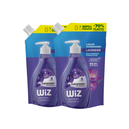 Wiz Lavender Hand Wash Refill Pouch - 1L (Pack of 2) | pH Balanced | 70% Less Plastic | Soothing Lavender Scent | Germ Protection | Gentle & Moisturizing Formula Wiz Lavender Hand Wash Refill Pouch - 1L (Pack of 2) | pH Balanced | 70% Less Plastic | Soothing Lavender Scent | Germ Protection | Gentle & Moisturizing Formula