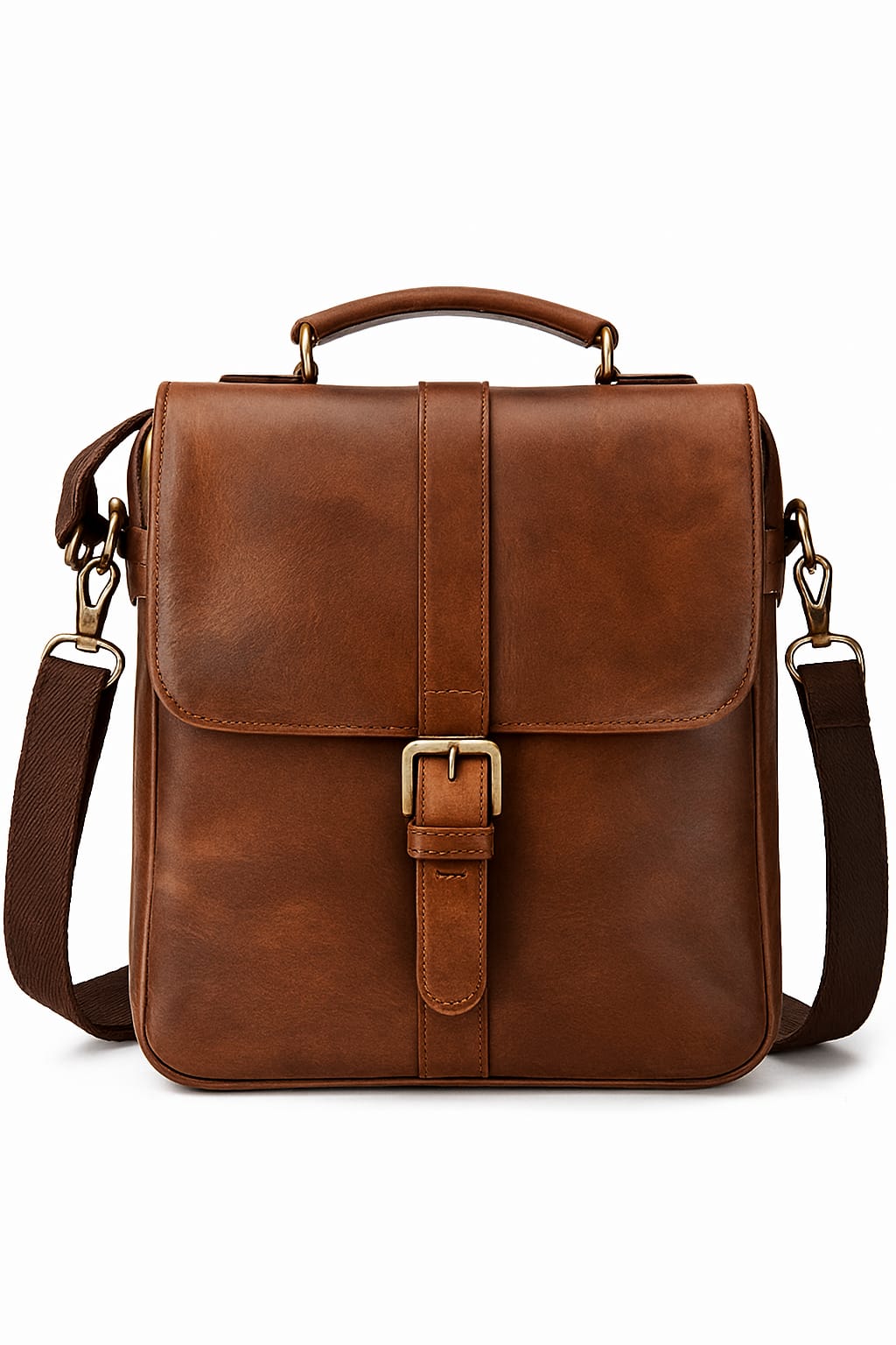 Classic Brown Leather Messenger Bag with Adjustable Strap and Buckle Closure