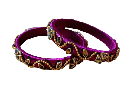 Dark Magenta Silk Thread Bangles with Golden & Stone Embellishments
