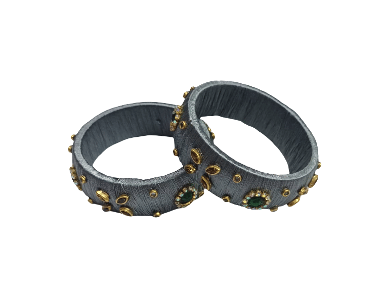 Grey Silk Thread Bangles with Gold Embellishments & Green Crystals