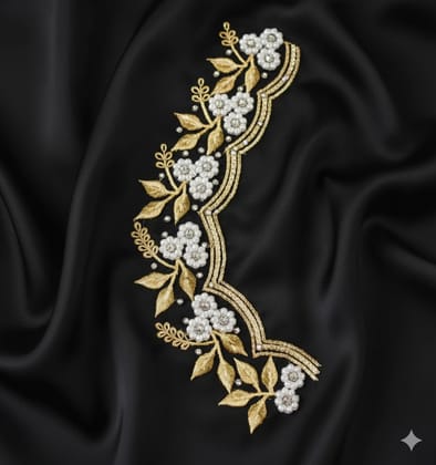 Black Satin Fabric with Gold & White Floral Pearl Embroidery Black Satin Fabric with Gold & White Floral Pearl Embroidery