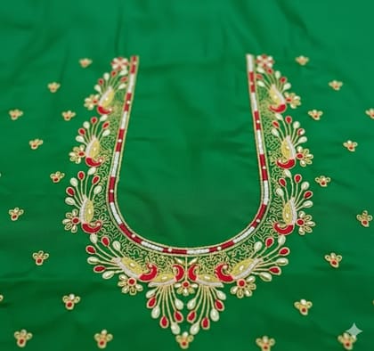 Green Silk Embroidered Blouse Material with Peacock Motif Green Silk Embroidered Blouse Material with Peacock Motif