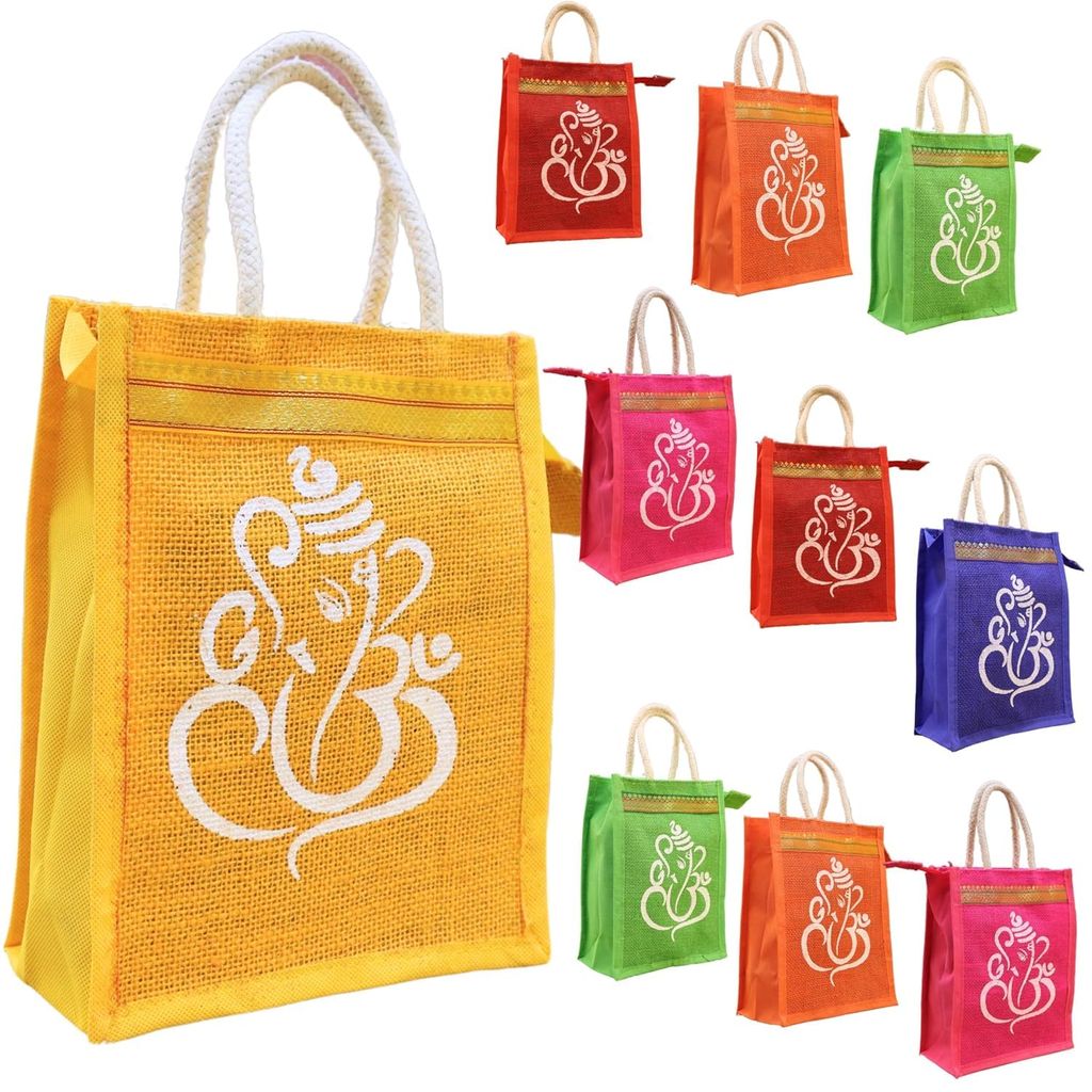 SS Eco-Life Eco-Friendly Jute Return Gift Bag | One Side Ganesh Print 🙏 Other Side Kolam Print 🎨 | Zip Closure | Rope Handle | 8x10x5 inches | Wedding, Pooja & Festive Thamboolam Bags - Party and Festive Needs | Buy online on ZillyBuy