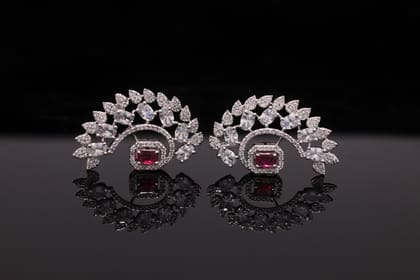 Cubic Zirconia Emerald Green Stone Rhodium Plated Earrings