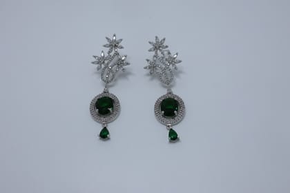 Rhodium Plated Green Stone Floral Dangle Earrings with Cubic Zirconia