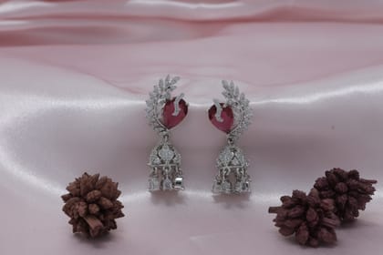 Rhodium Plated Ruby red  Stone Leaf Motif Jhumka Drop Earrings