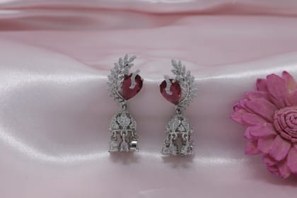 Rhodium Plated Ruby red  Stone Leaf Motif Jhumka Drop Earrings