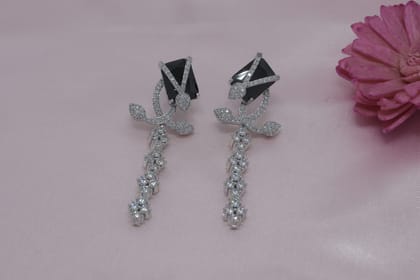 Elegant Silver-Plated Black Stone & CZ Dangle Earrings