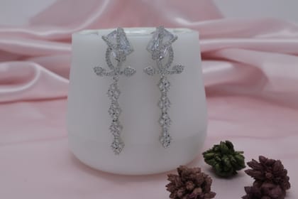 Rhodium Plated Cubic Zirconia Geometric Floral Drop Earrings