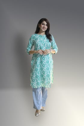 Women's Pure Cotton Straight White& Sea Green Embellished Kurta