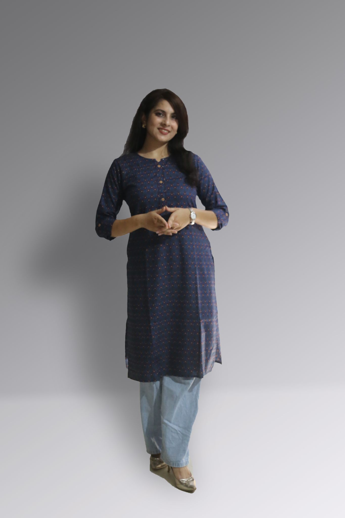 Women's Pure Cotton Straight Blue Multi Color Embellished Kurta