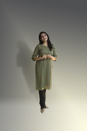Women's pure cotton straight Olive Green with Multi color Embellished kurta