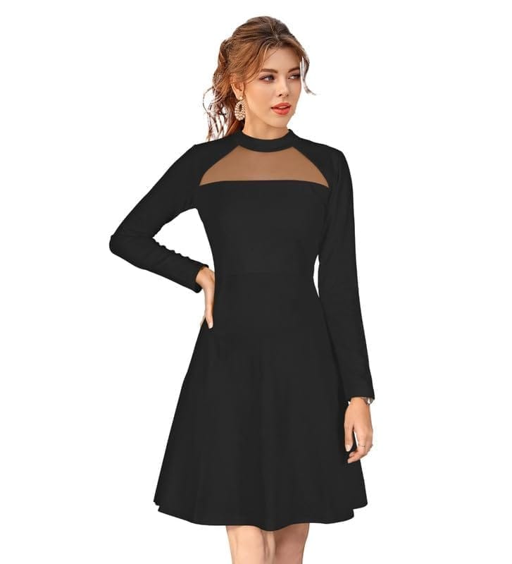 Women's Knitting Stretchable Solid Round Neck Full Sleeve Dresses (Black, XL)-PID56834