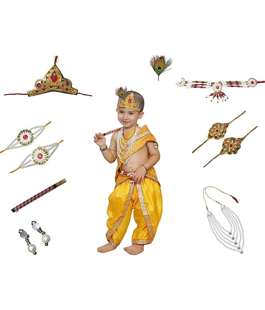 Kaku Fancy Dresses Krishna Costume for Kids Infant Baby Krishna Dress for Boys (Yellow Dhoti, Patka(Stole), Belt, Mukut, 5 Layer Pearl Mala, Bajuband, Earrings, Bansuri & Morpankh)