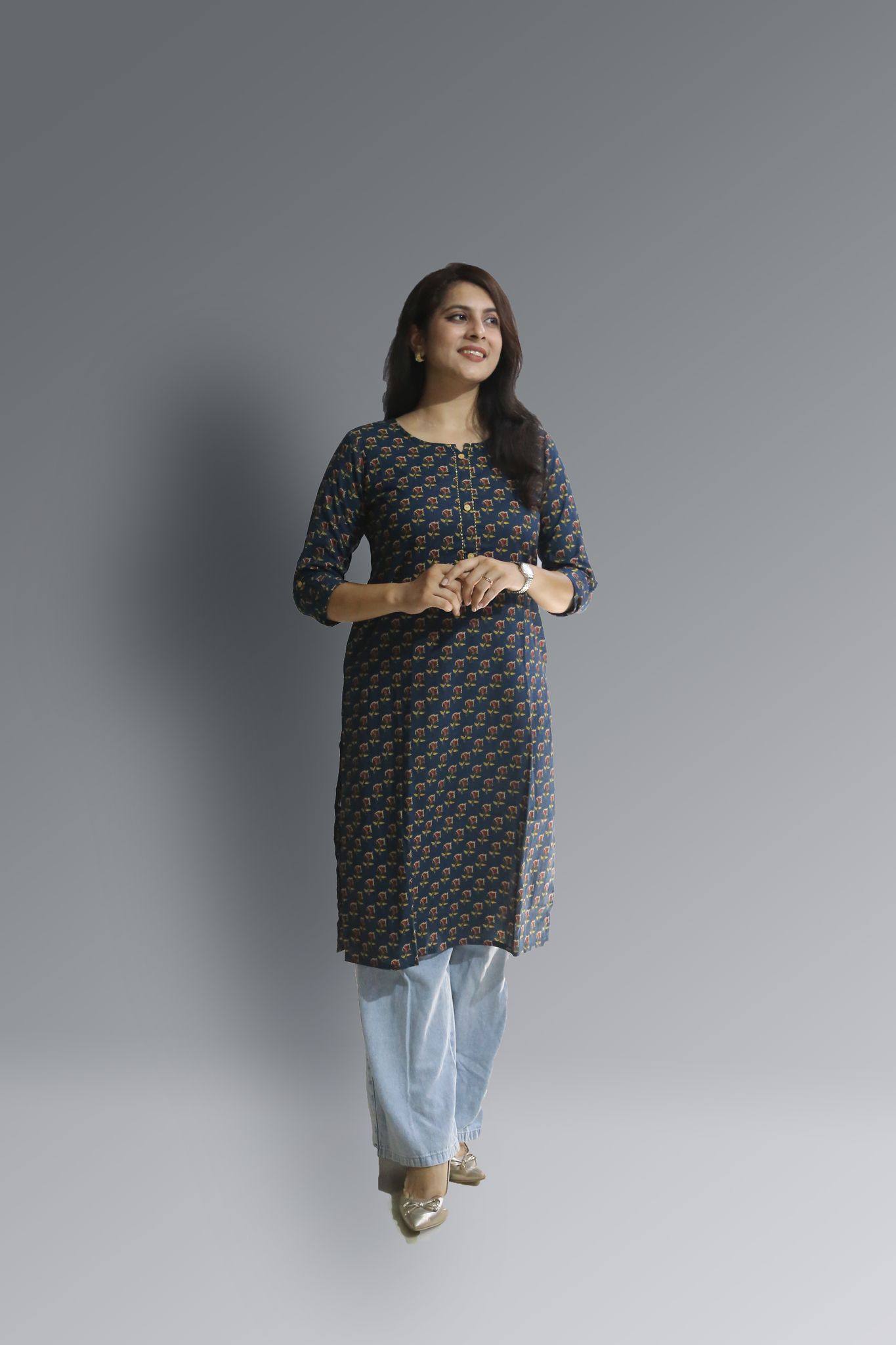 Women's pure cotton straight Blue with Multi color Embellished kurta