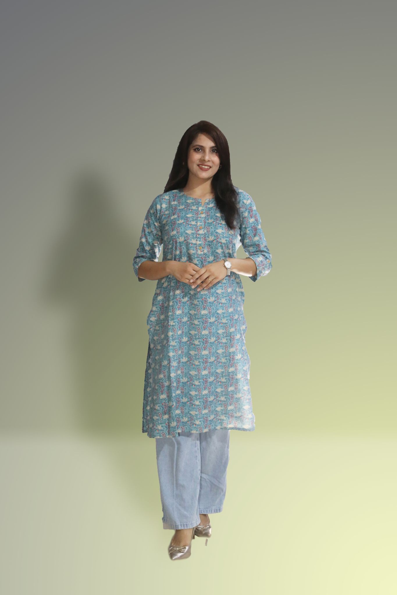 Women's pure cotton Light Blue with Multi color Embellished kurta