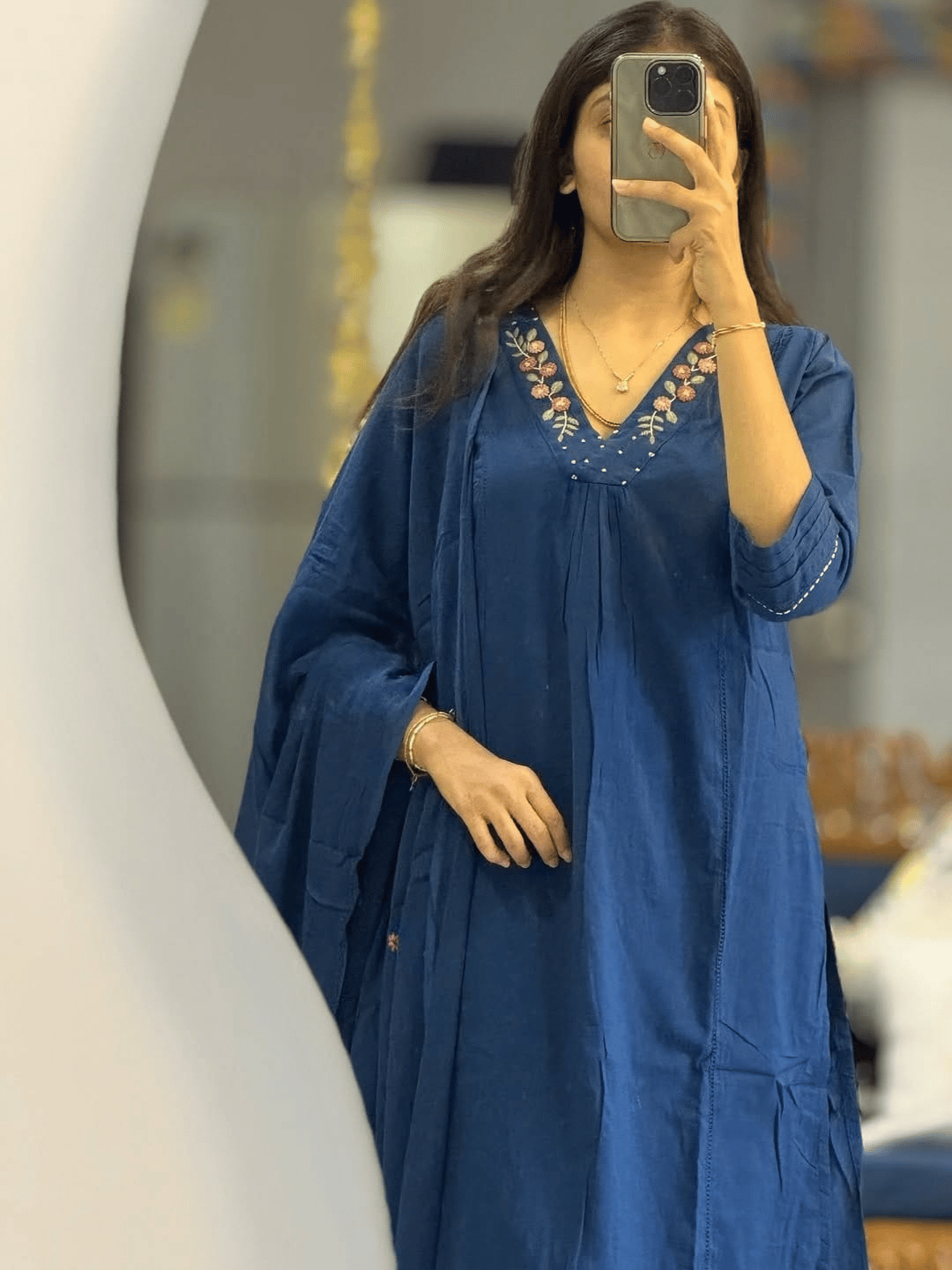 Elegant Navy Blue Cotton Embroidered V-Neck Kurti