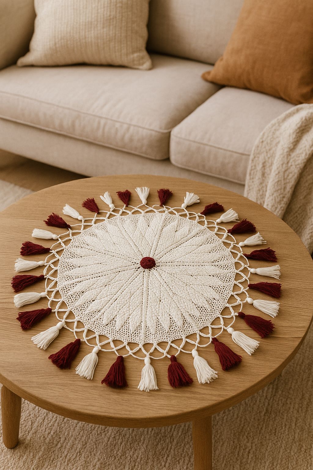 Handcrafted White Crochet Round Table Mat with Maroon Tassels