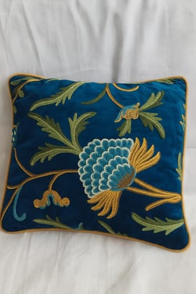Embroidered Velvet Floral Cushion Cover - Teal Blue with Gold & Green Accents