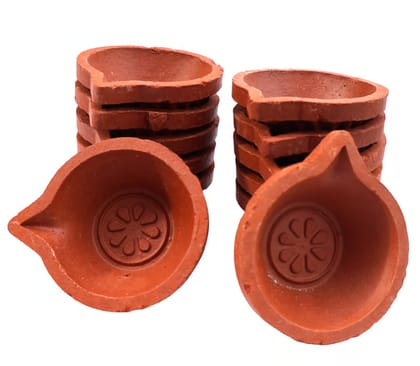 Traditional Terracotta Clay Diyas with Floral Imprint - Set of 12 for Festivals & Home Decor