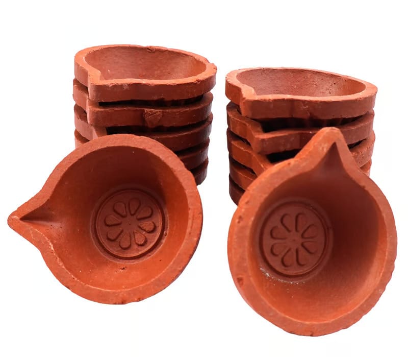 Traditional Terracotta Clay Diyas with Floral Imprint - Set of 12 for Festivals & Home Decor