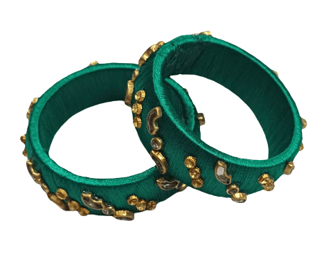 Emerald Green Silk Thread Bangles with Golden Kundan Work (Set of 2) - Bangles & Bracelets | Buy online on ZillyBuy