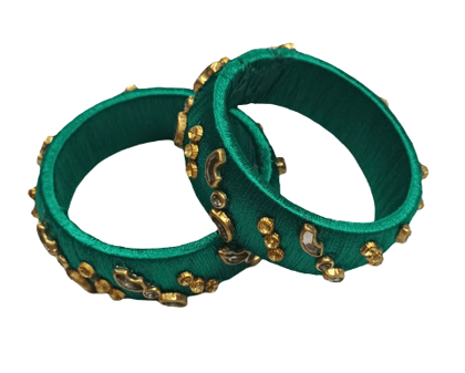 Emerald Green Silk Thread Bangles with Golden Kundan Work (Set of 2)