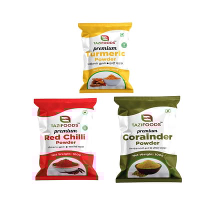 TAZIFOODS Premium Turmeric, Red Chilli, & Coriander Powder Combo Pack (3x100g)