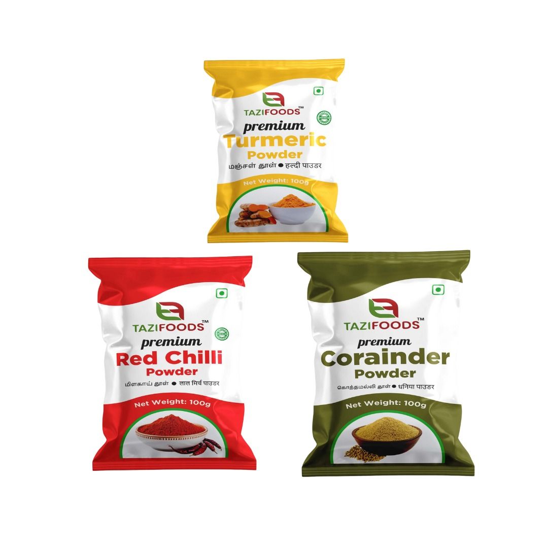 TAZIFOODS Premium Turmeric, Red Chilli, & Coriander Powder Combo Pack (3x100g)