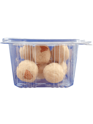 Almond-Topped Rava Ladoo Sweet in Clear Container