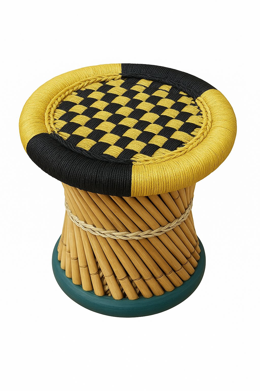 Handmade Wooden Stool with Woven Yellow & Black Top