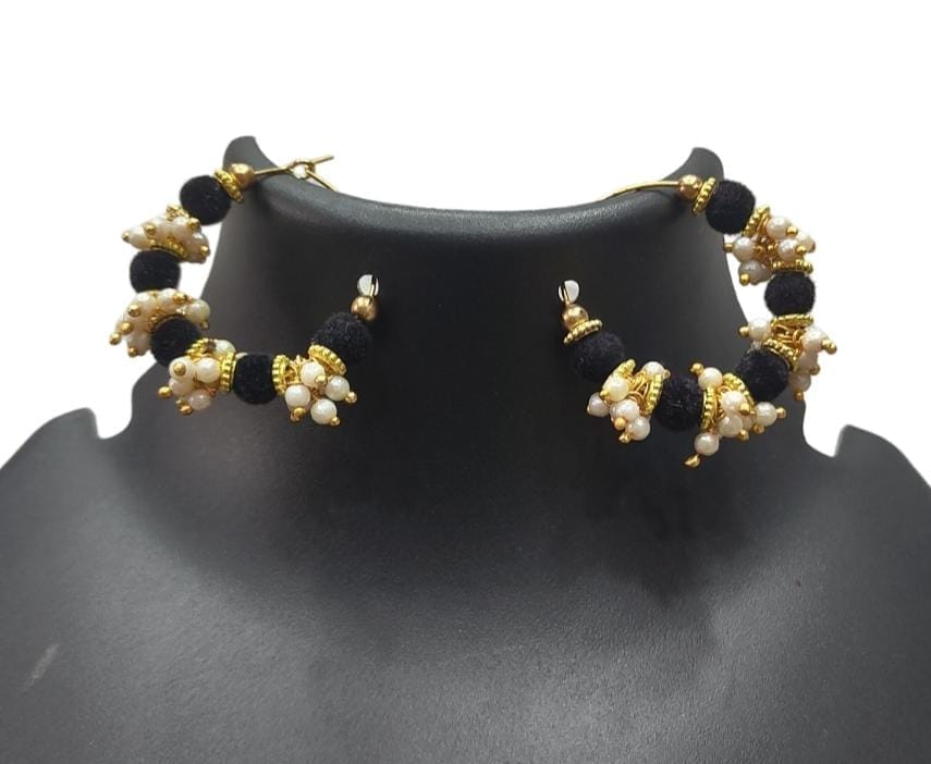 Black Velvet Pearl Hoop Earrings - Traditional Indian Jewelry