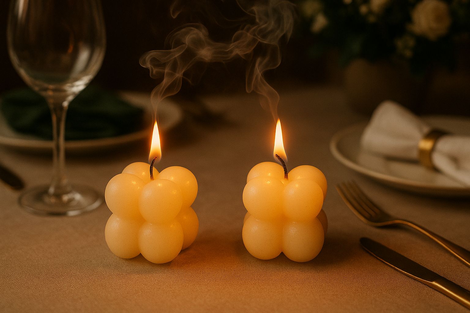 Set of 2 Beige Cube Bubble Decorative Candles