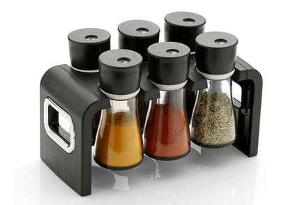 6-Piece Glass Spice Rack Set with Black Plastic Stand & Shaker Lids