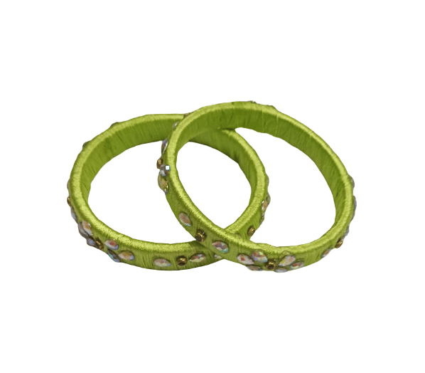Chic Light Green Silk Thread Bangles with Iridescent Stone Embellishments (Set of 2)