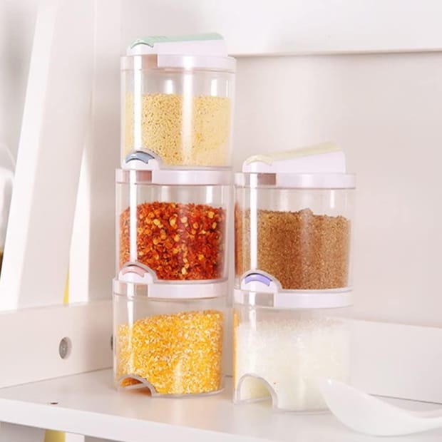 Stackable Clear Plastic Spice & Condiment Dispenser Set with Flip Lids