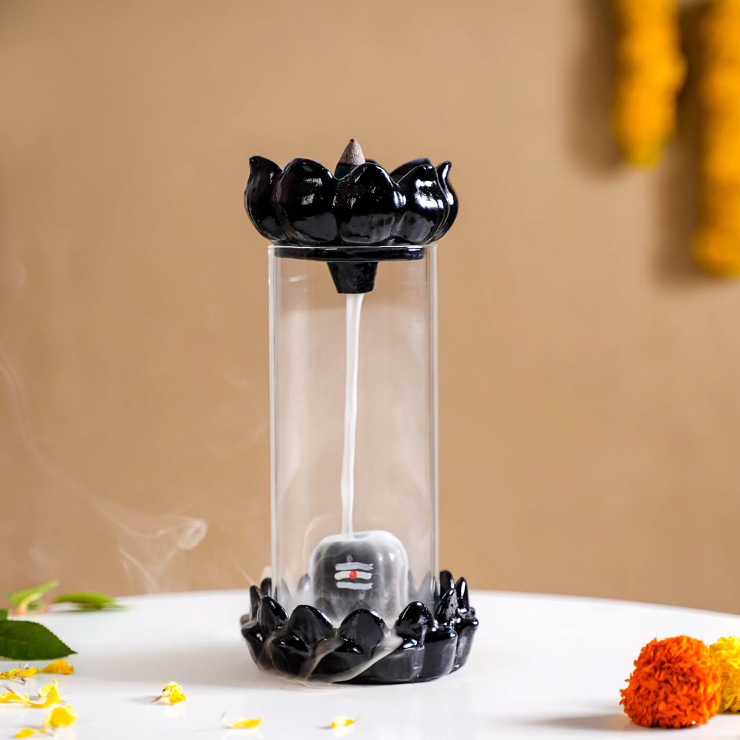 Black Lotus Backflow Incense Burner with Shivalinga for Meditation & Home Decor