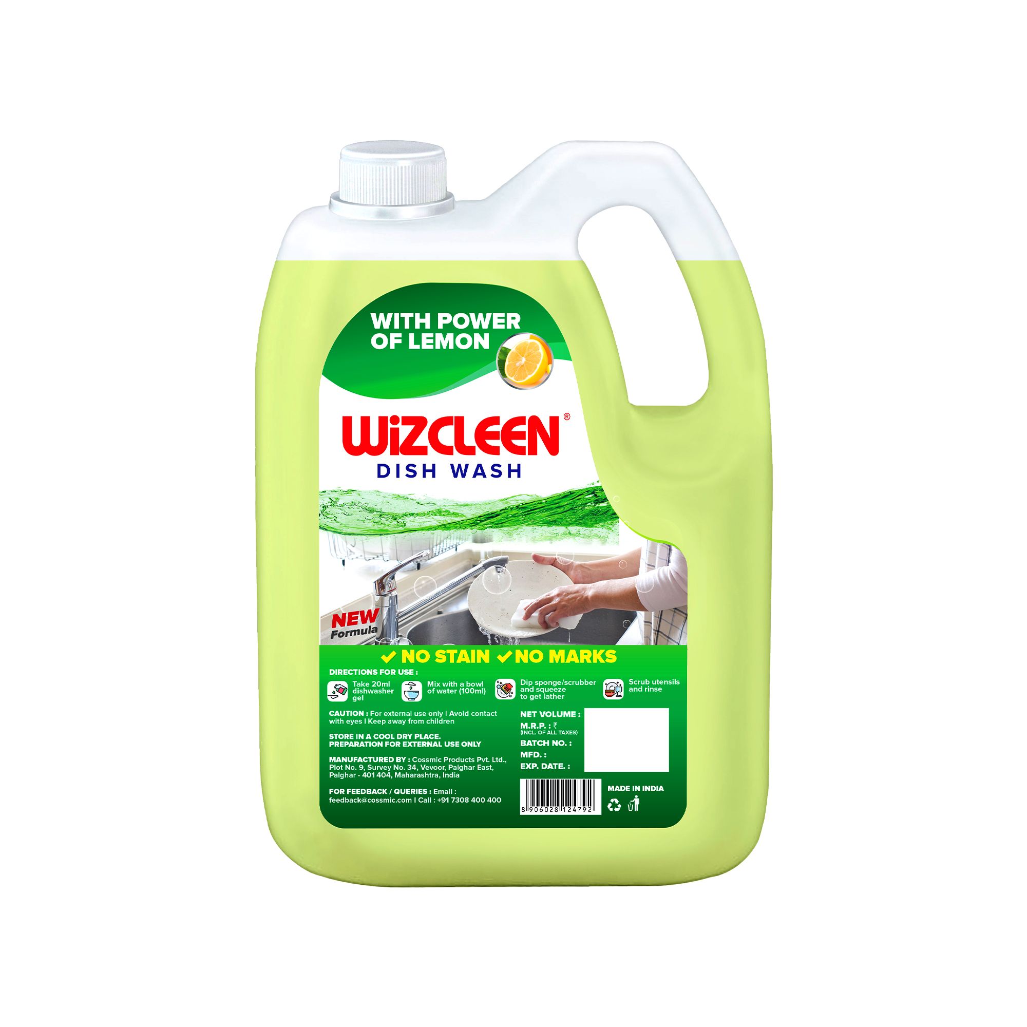 Wiz Cleen Dishwash Liquid Gel, With Lemon Fragrance, Leaves No Residue, Grease Cleaner For All Utensils, 5l Refill Can