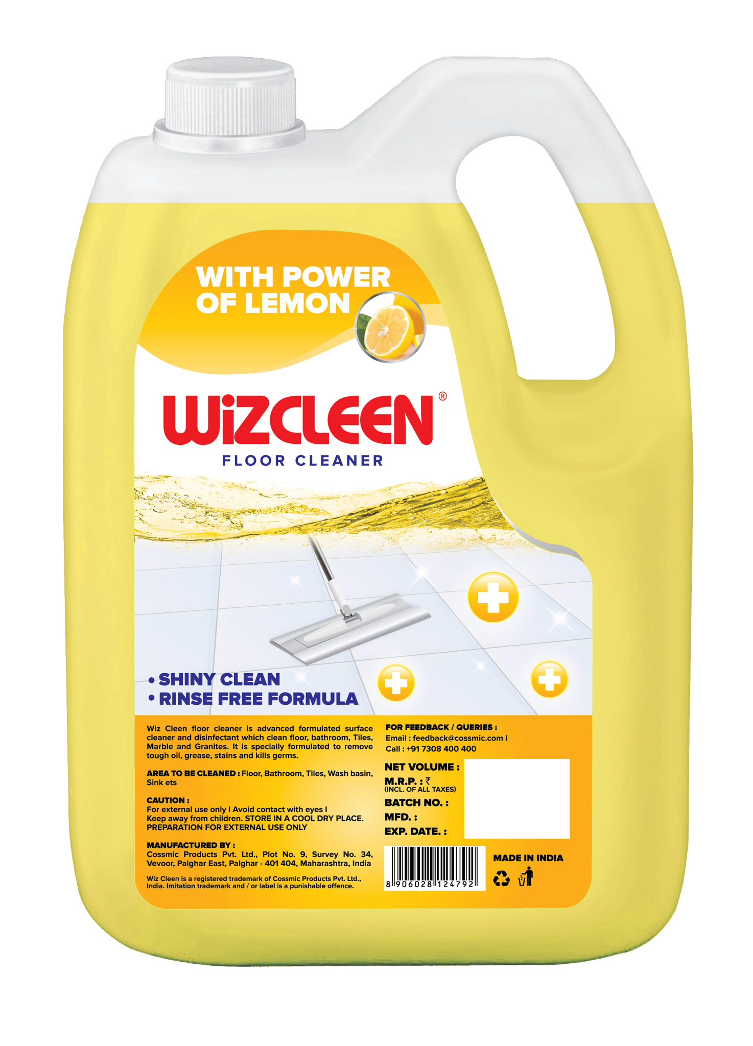 Wiz Cleen Disinfectant Floor Cleaner - 5L Refill Can | Lemon Fragrance | Germ Protection with Deep Cleaning | Shiny Clean | Rinse Free Formula