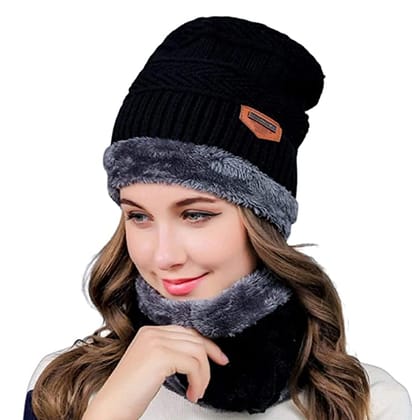 Black Woolen Beanie Hat & Faux Fur Lined Neck Warmer Scarf Set for Winter