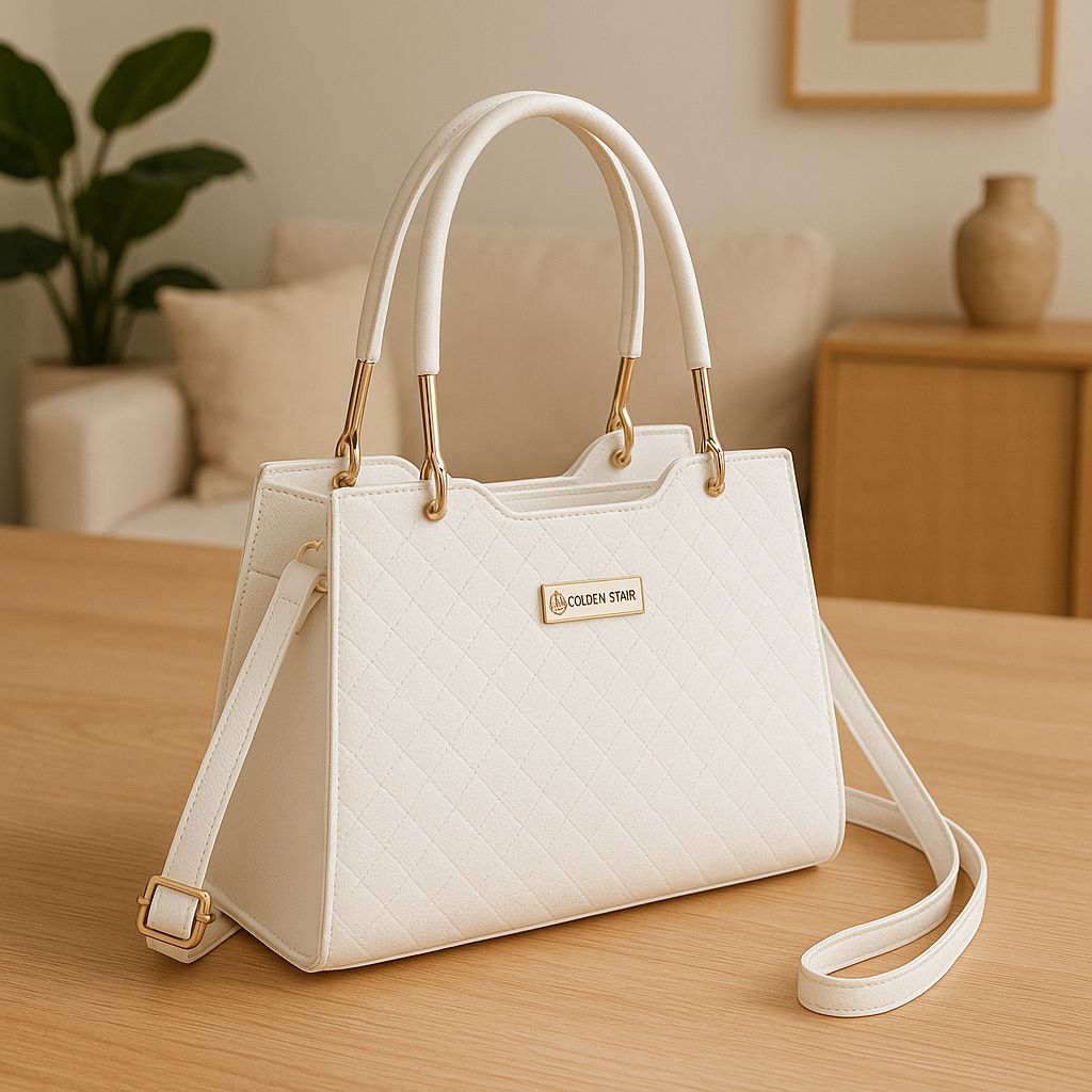Golden Star White Quilted PU Leather Handbag for Women