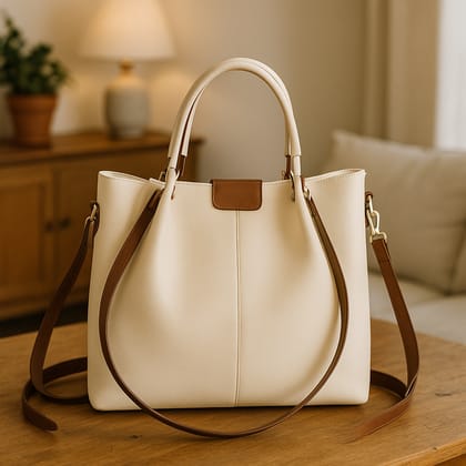 Elegant Beige Faux Leather Women's Handbag with Brown Straps